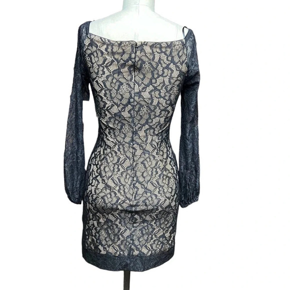 Dress The Population Off Shoulder Blouson Sleeve Lace‎ Dress Black Nude Size S - Picture 7 of 12